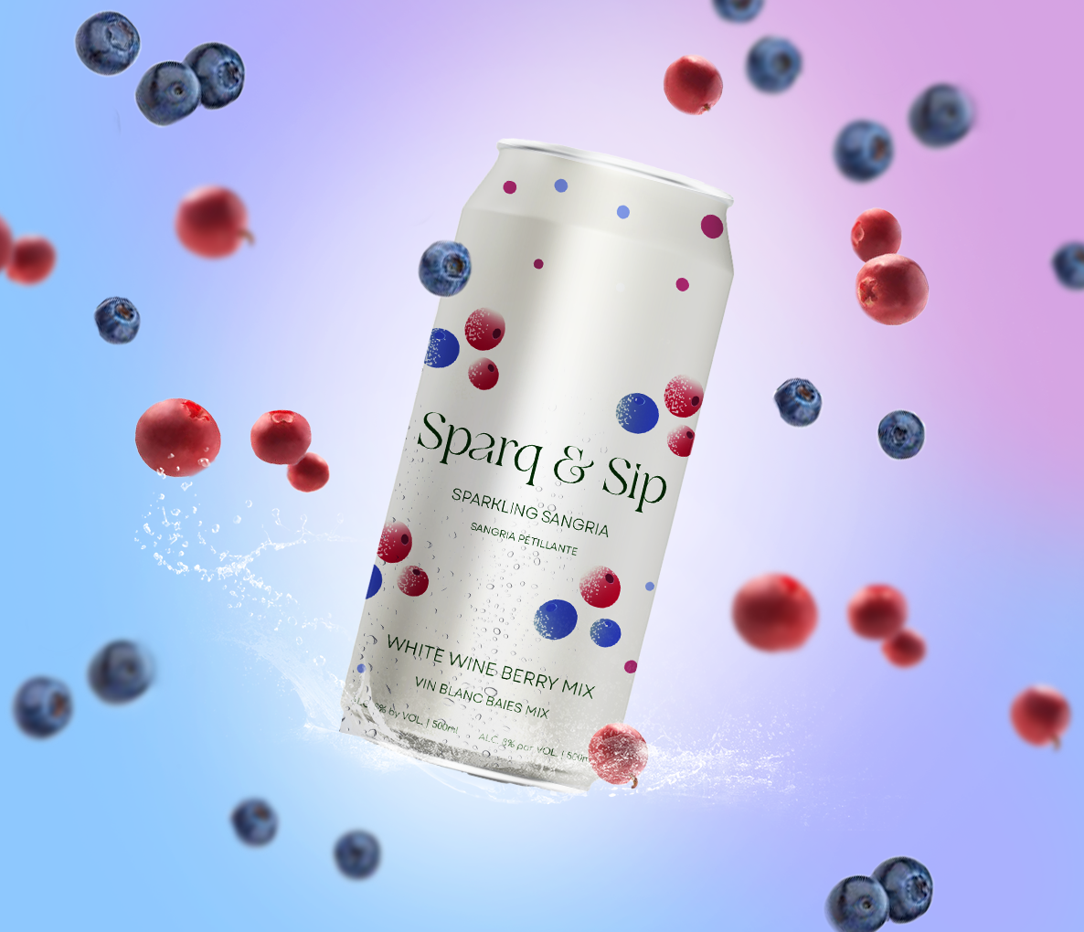 An alcholic can with fruits and water splashing